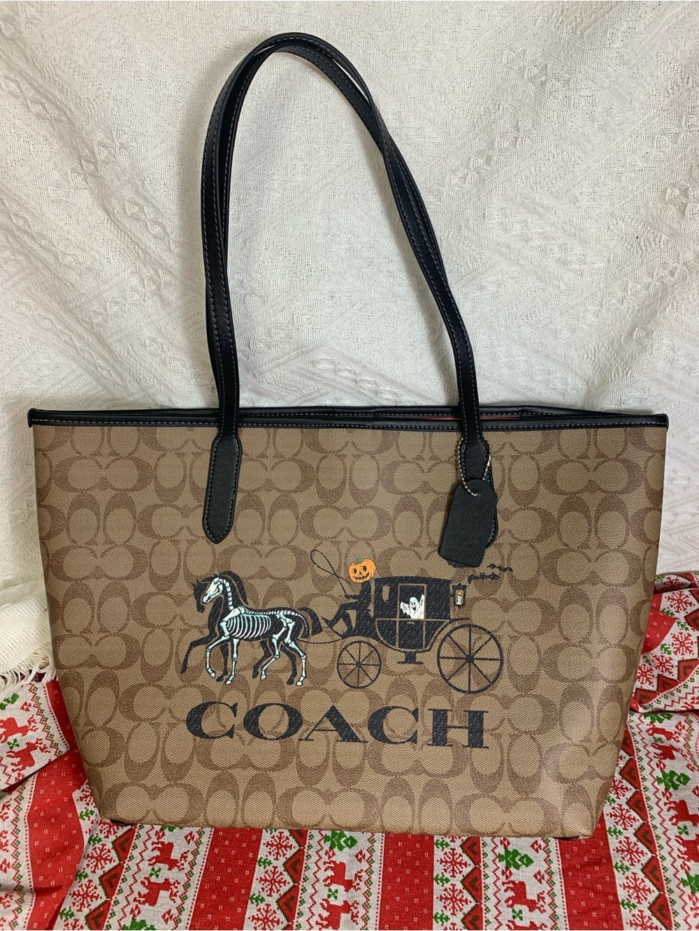Coach Brown Signature Tote with Black Trim and Halloween Carriage Graphic